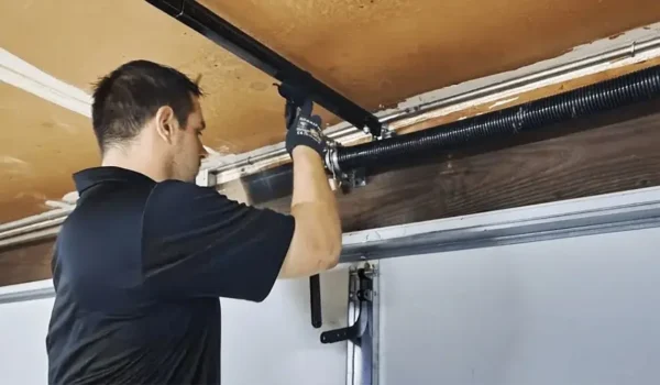 Technician performing garage door spring replacement in Naples FL