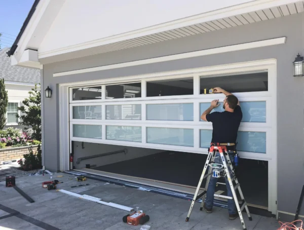 Technician installing a new modern glass garage door in Naples FL